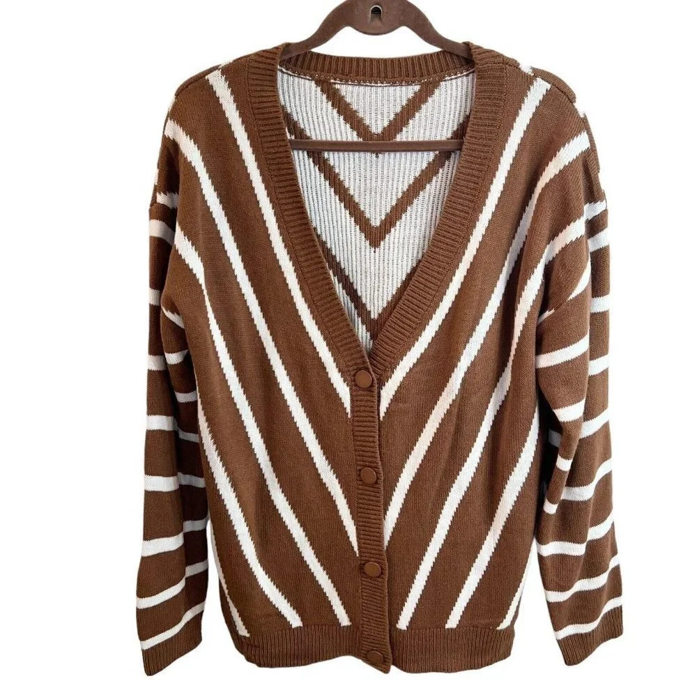 Country‎ Club Womens V Neck Stripe Long Sleeve Cardigan Medium